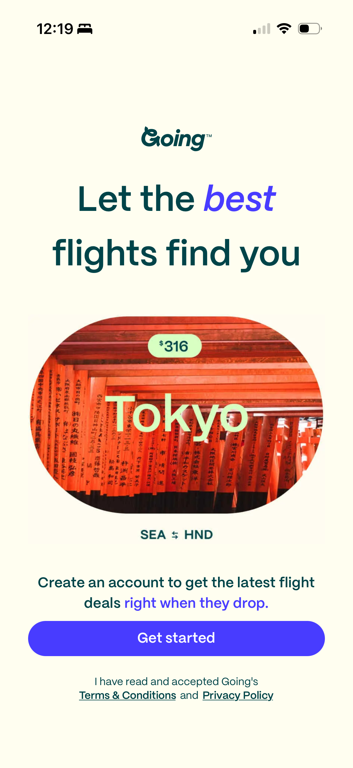 Going launch screen — Tokyo $316, SEA to HND