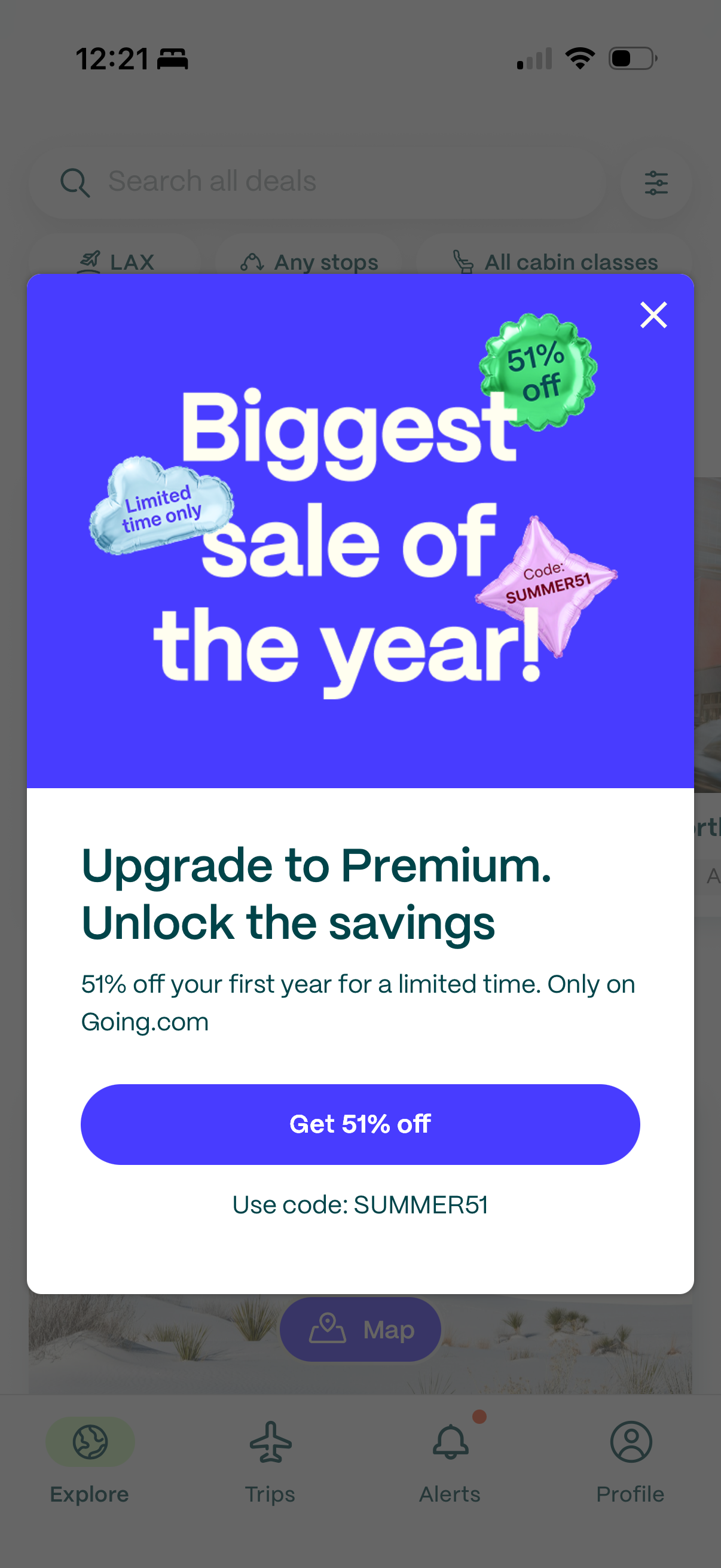 Biggest sale of the year popup, 51% off, before any product experience