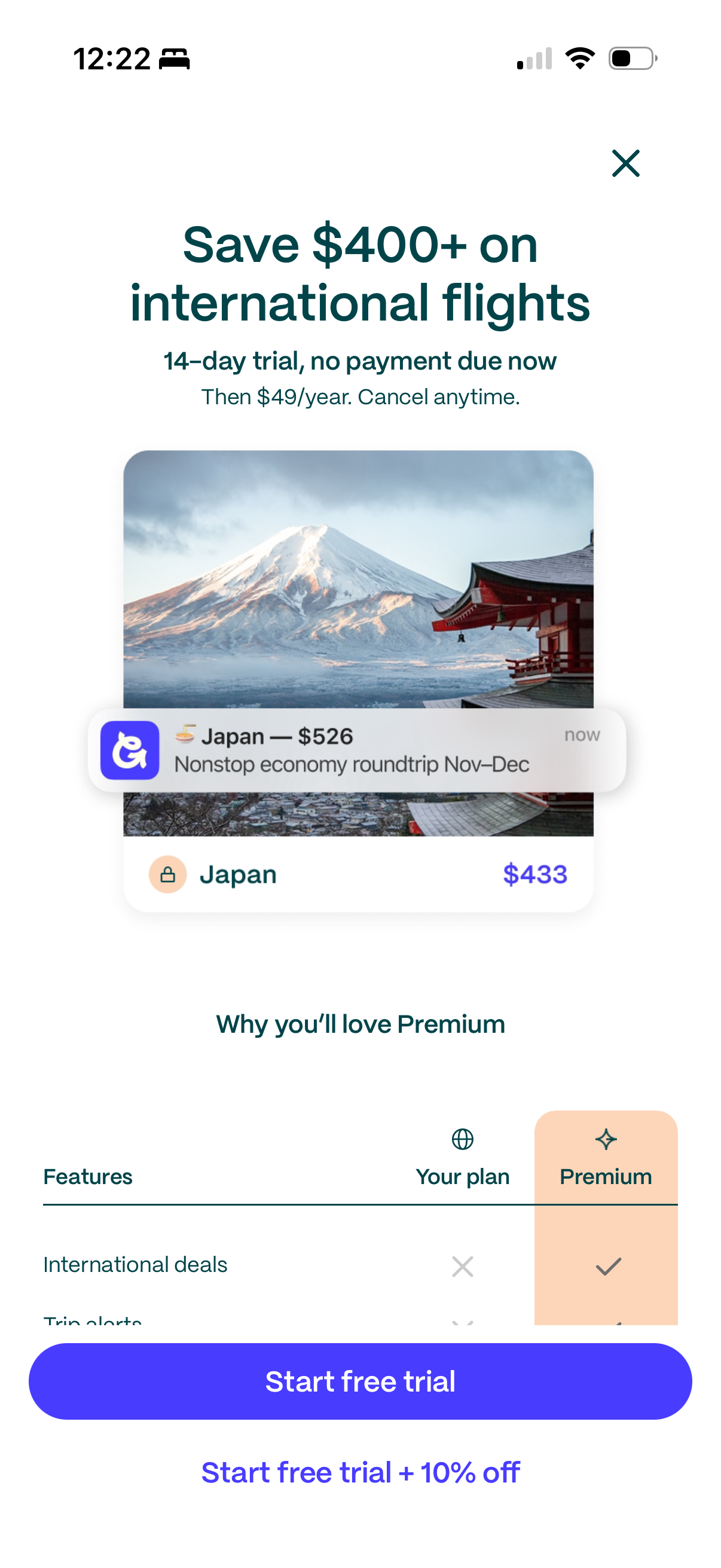 Paywall — Save $400+ on international flights, feature table below the fold