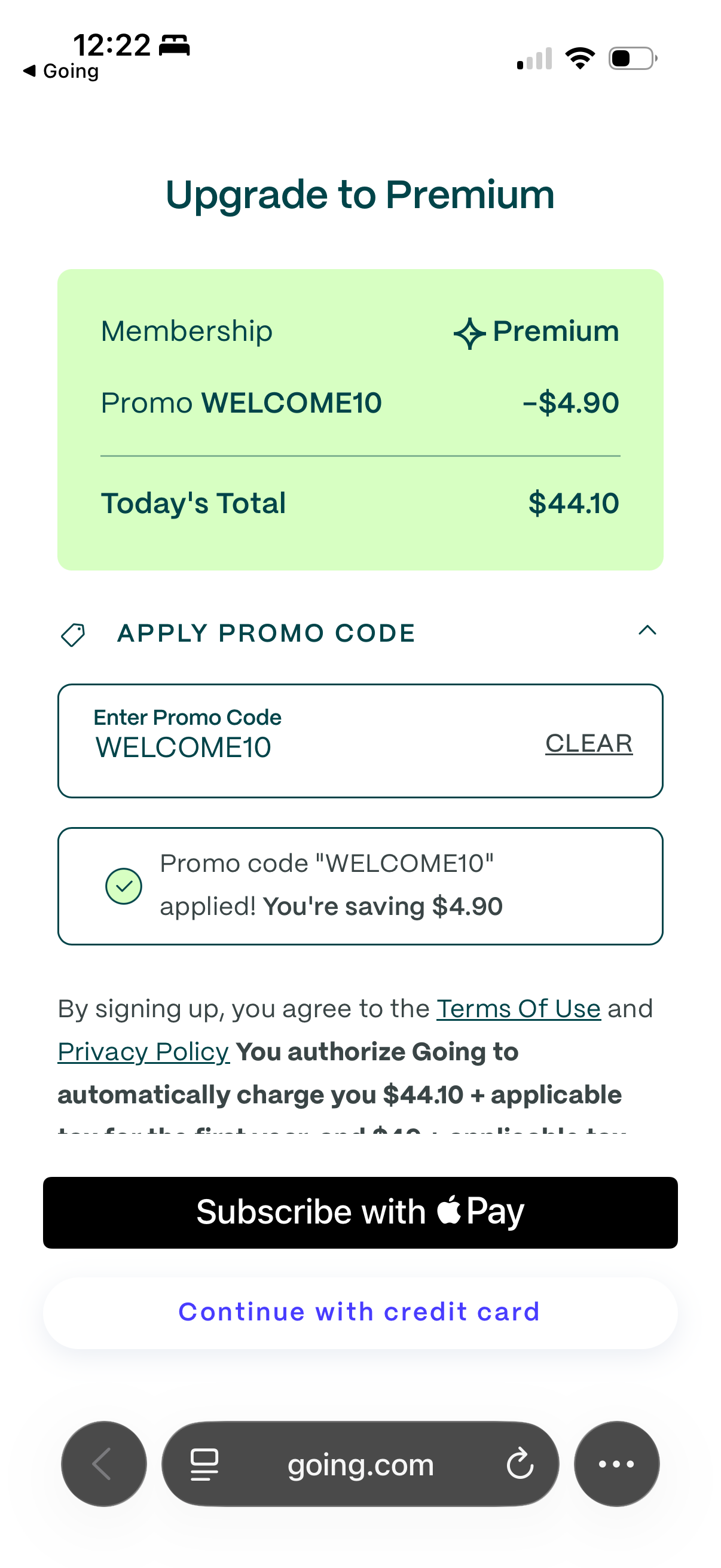 Mobile web checkout — WELCOME10, $44.10 due today