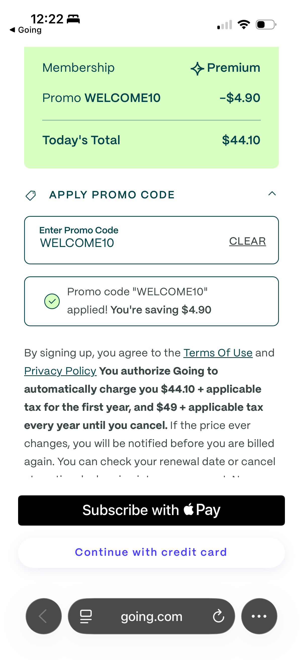 Checkout fine print — authorize charge of $44.10 for the first year