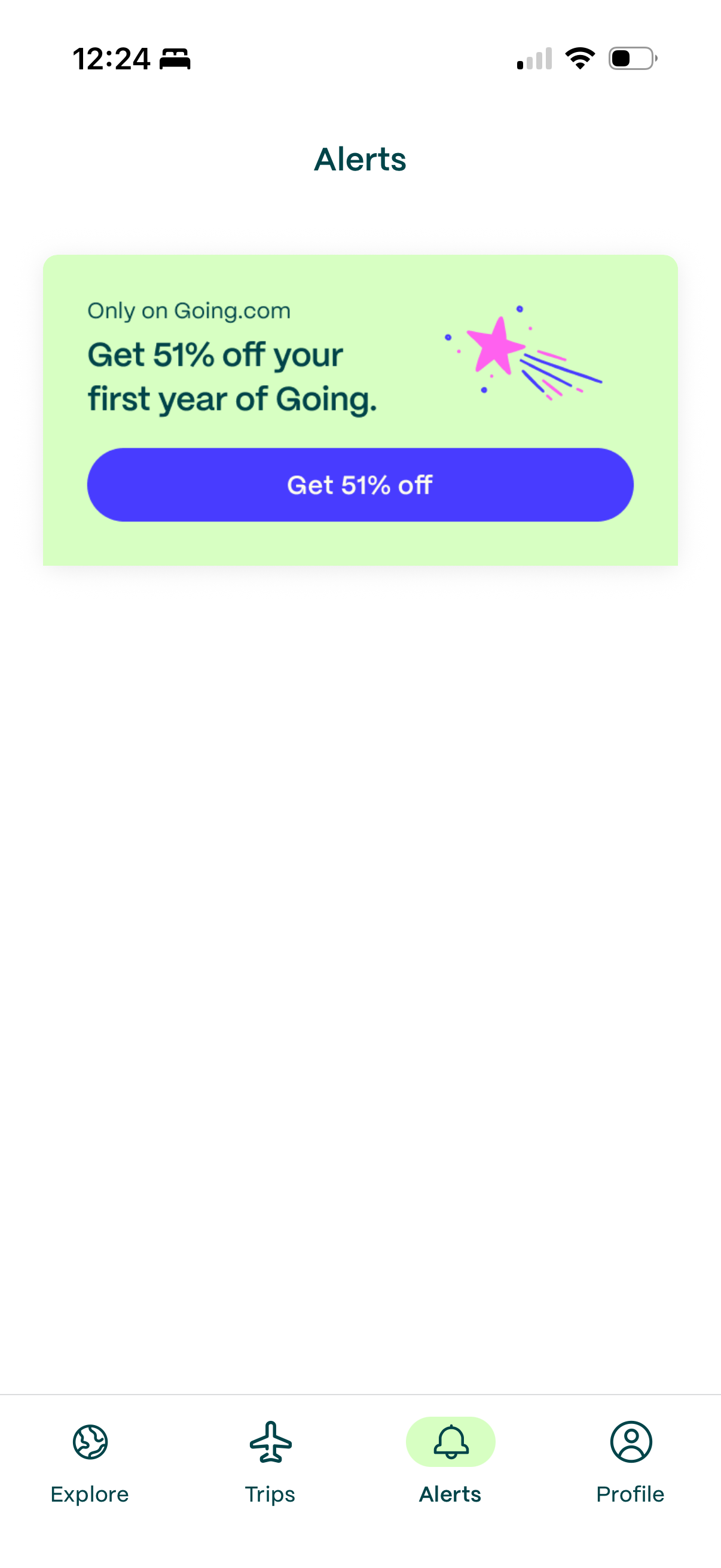 Alerts feed showing 51% off first year offer to an active trialist