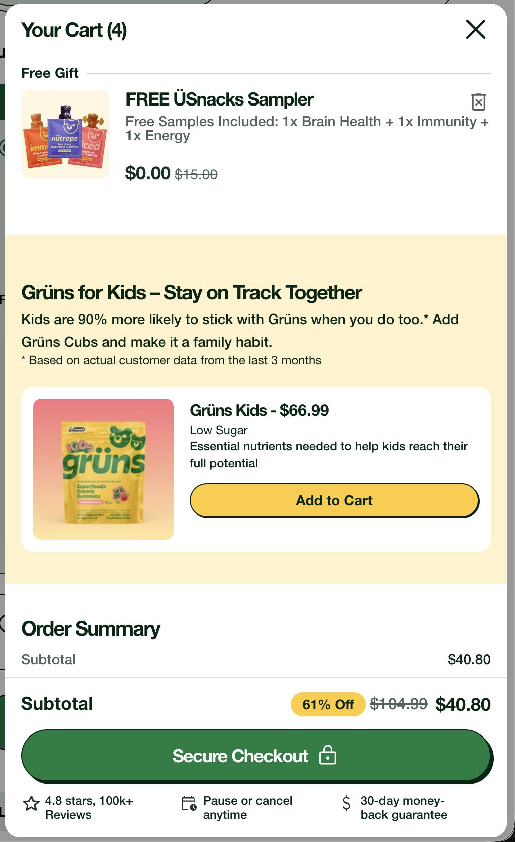 In-cart kids cross-sell at full price $66.99, versus $32.46 on the kids PDP