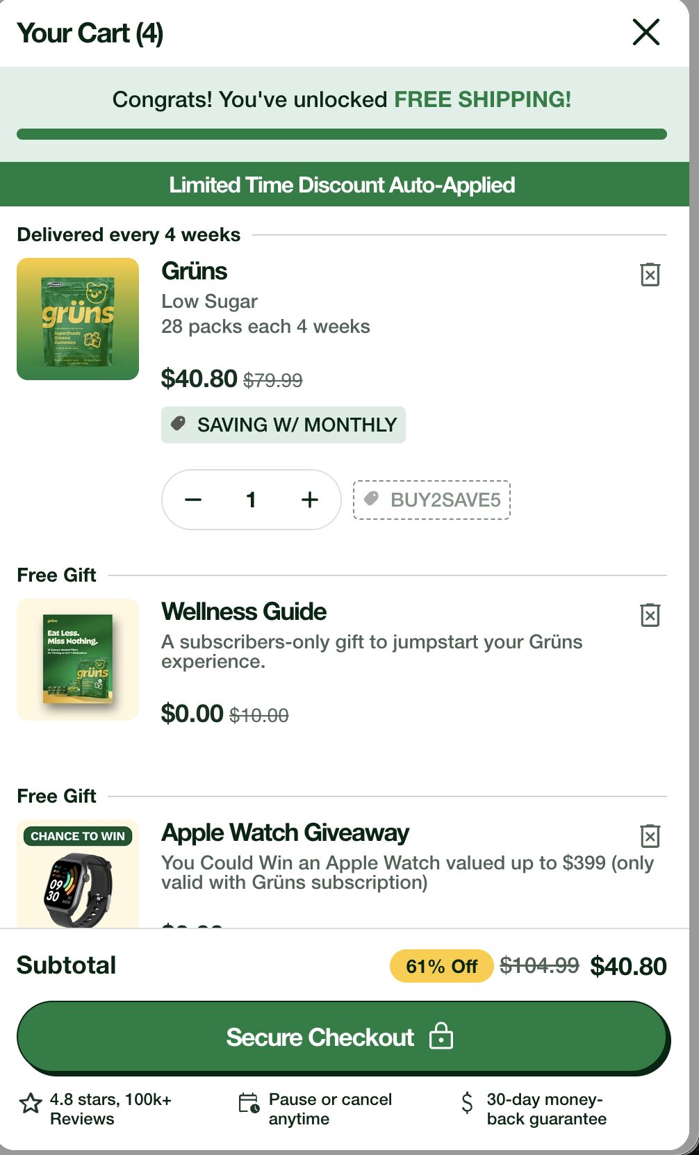 Cart drawer — one paid item, Wellness Guide and Apple Watch giveaway as free gift line items