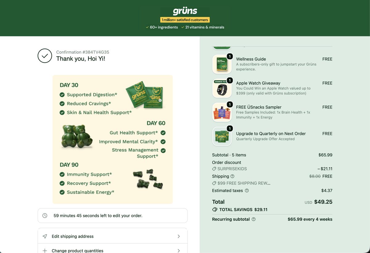 Order confirmation page — Day 30/60/90 expectation timeline with 60-minute edit countdown
