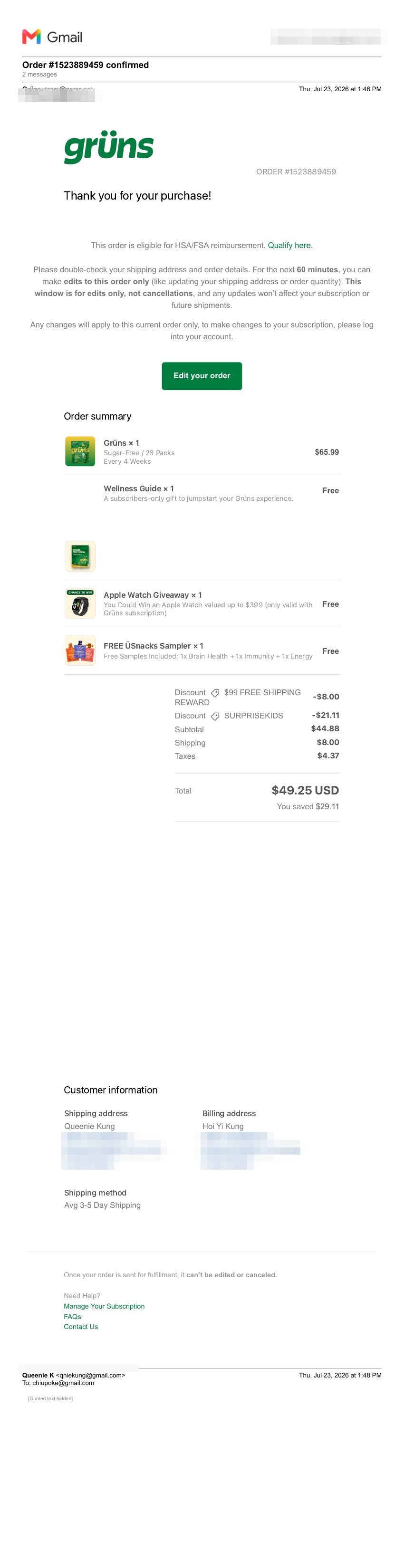 Order confirmation email — transactional manifest with free gifts as $0 line items