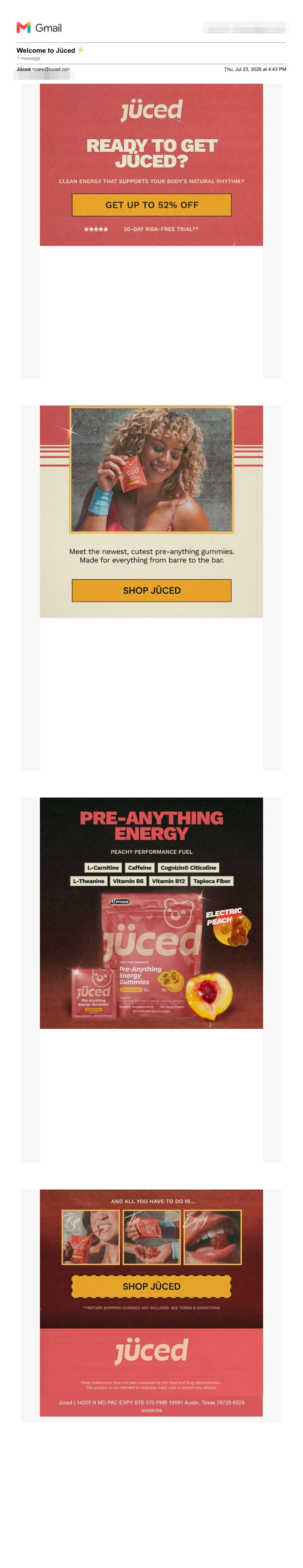 Jüced welcome email — same skeleton, no quantitative social proof