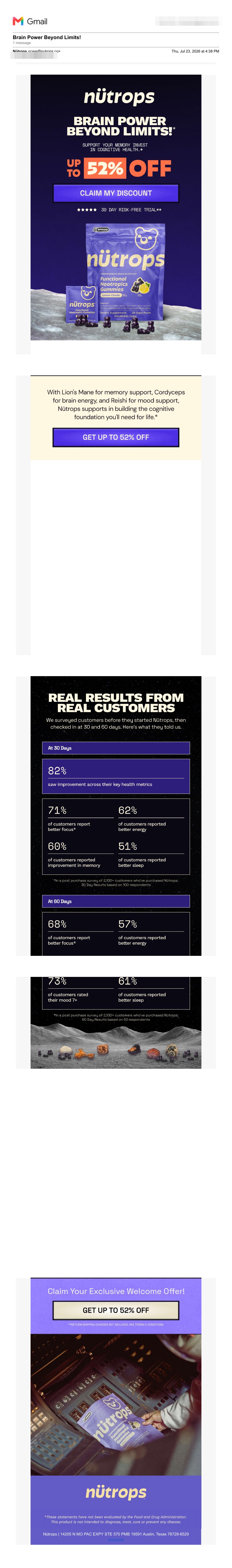 Nütrops welcome email — same skeleton as Grüns, survey stats instead of clinicians