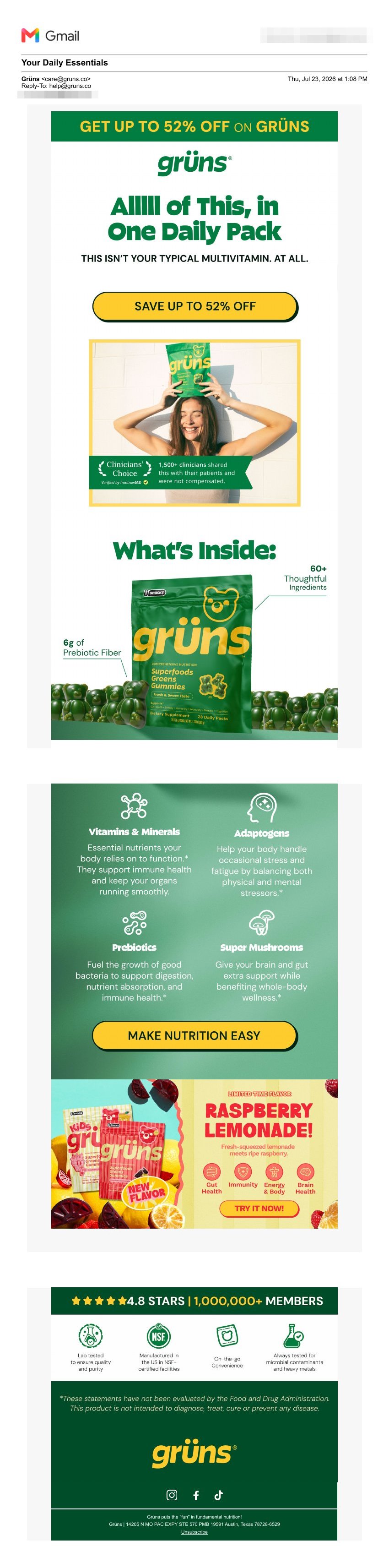 Grüns welcome email — discount banner above the logo, brand story below the scroll
