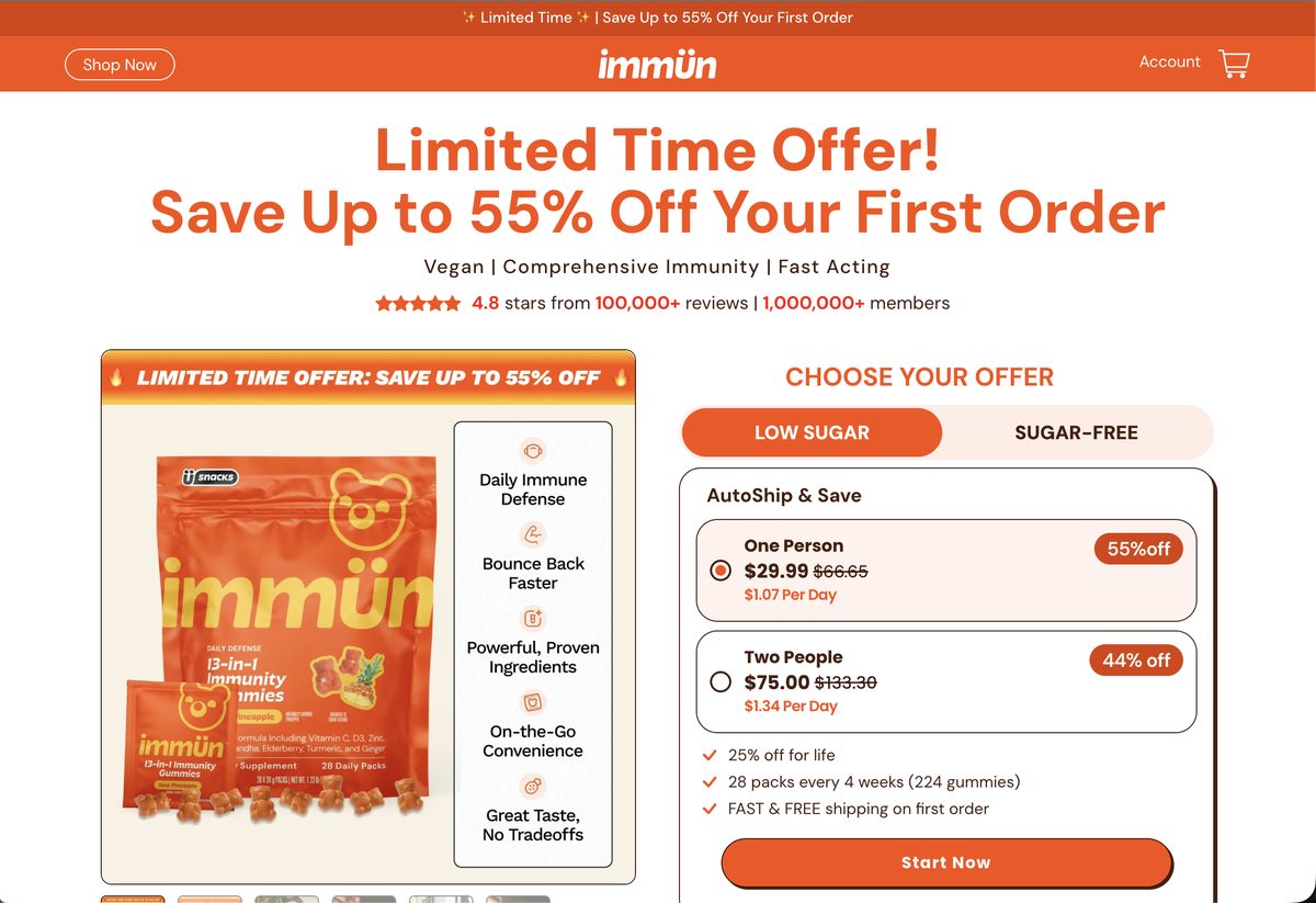 Immün condensed PDP — one hero, one social proof line, one buy box
