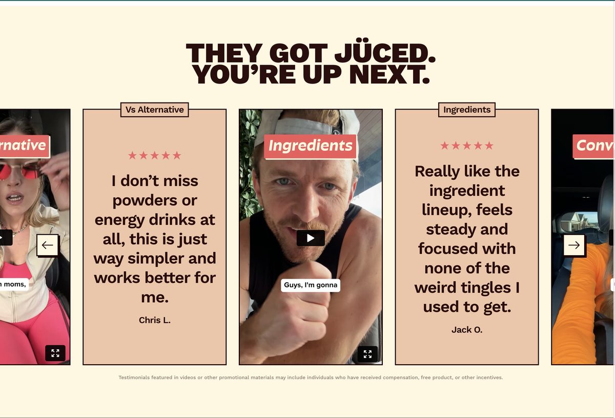Jüced combined review module — text and video reviews interleaved in one carousel