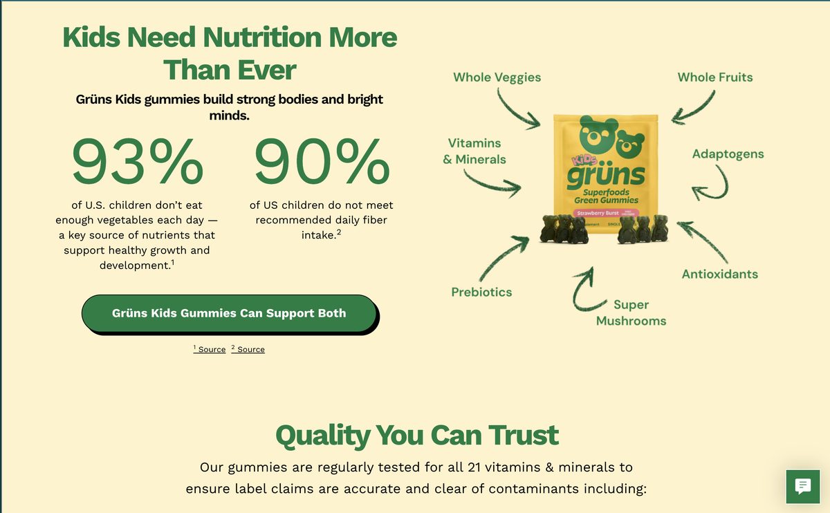 Kids landing page — 93% and 90% deficiency stats with cited sources