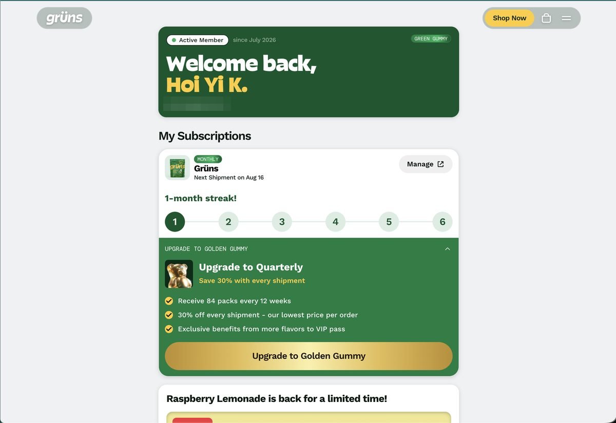 Member dashboard — Green Gummy badge, 1-month streak, Golden Gummy upsell
