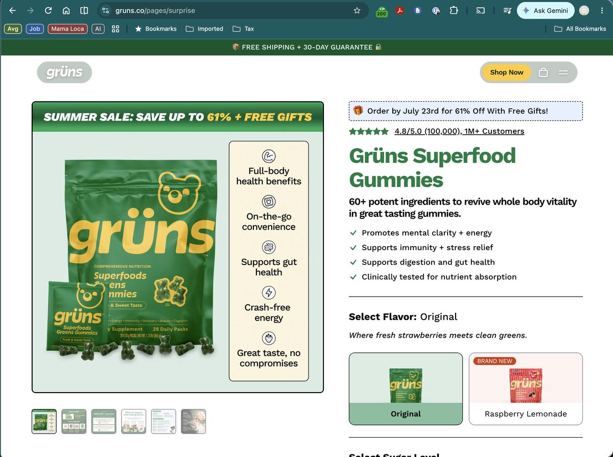 Grüns PDP — free shipping banner, 61% summer sale banner, and July 23rd urgency box all visible at once