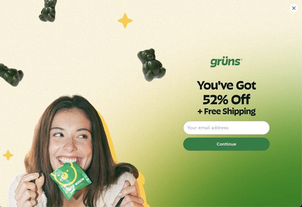 Step 2 — email capture: You've Got 52% Off + Free Shipping