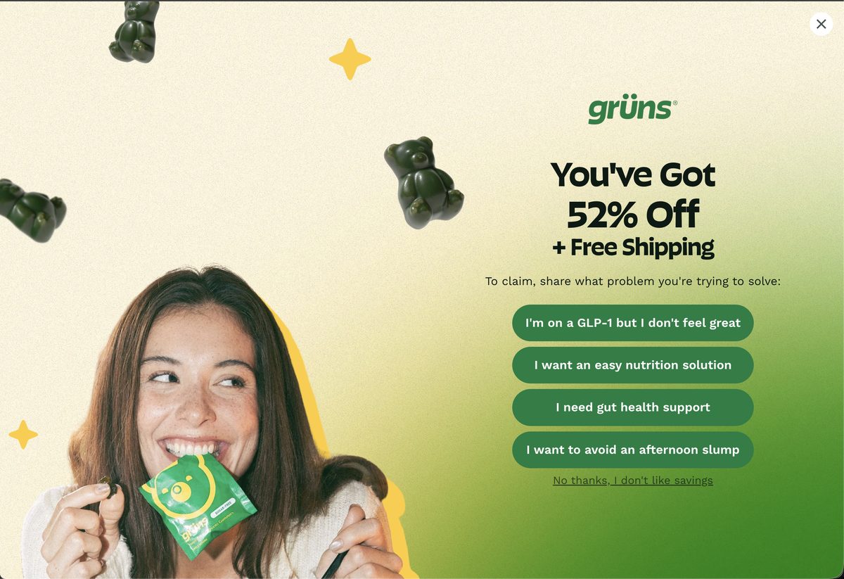 Step 1 — segmentation pop-up: I'm on a GLP-1 but I don't feel great, listed first