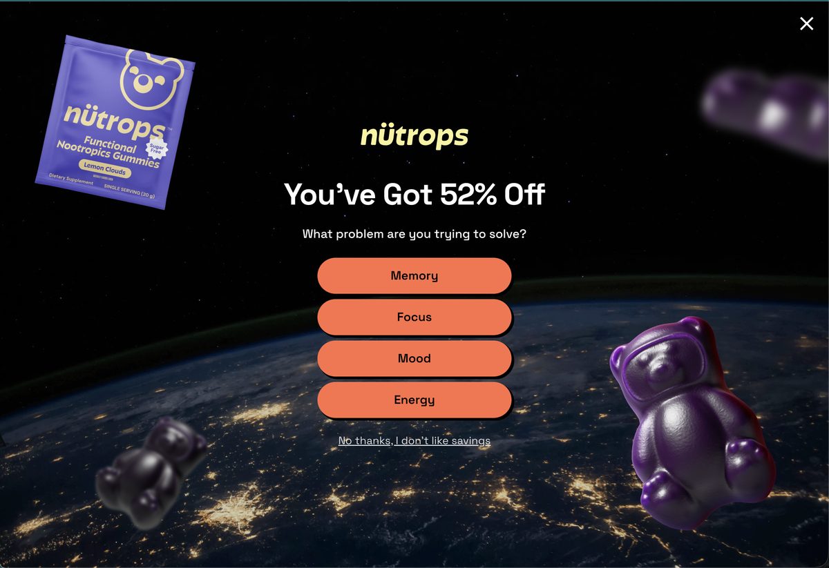 Nütrops pop-up quiz — Memory, Focus, Mood, Energy