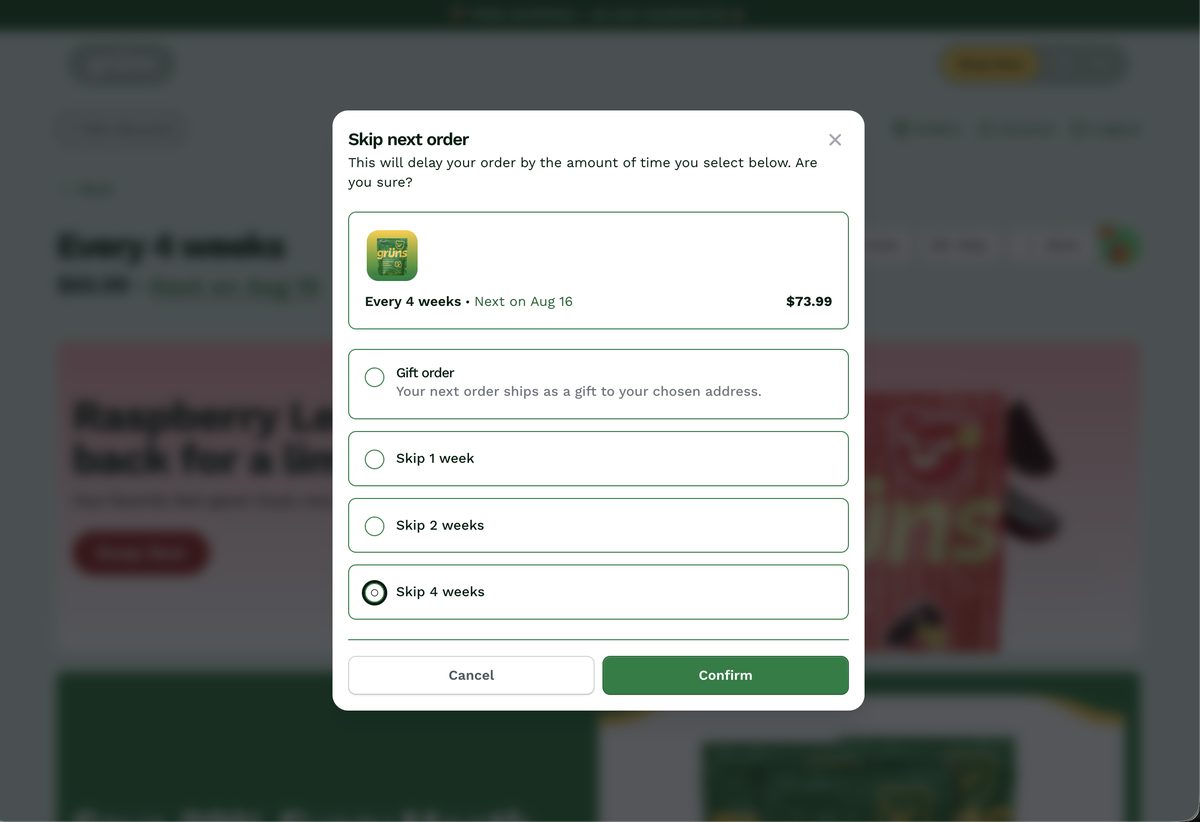 Skip modal — gift order deflection and partial skip options
