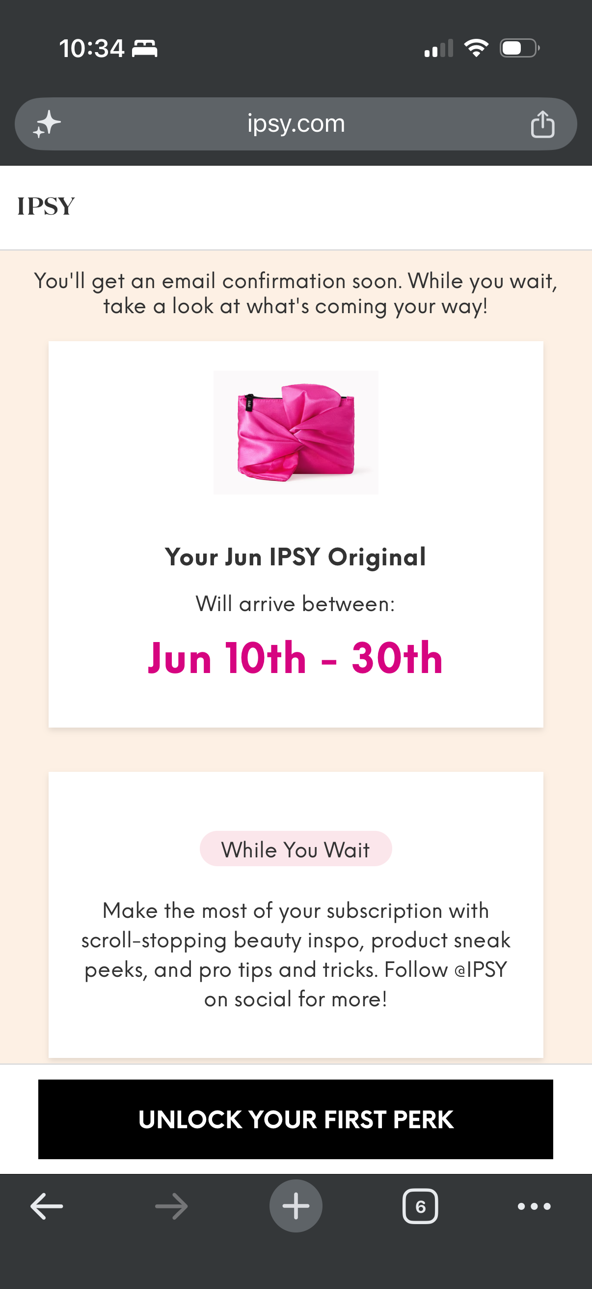 Post-purchase screen — 20-day arrival window and Unlock Your First Perk