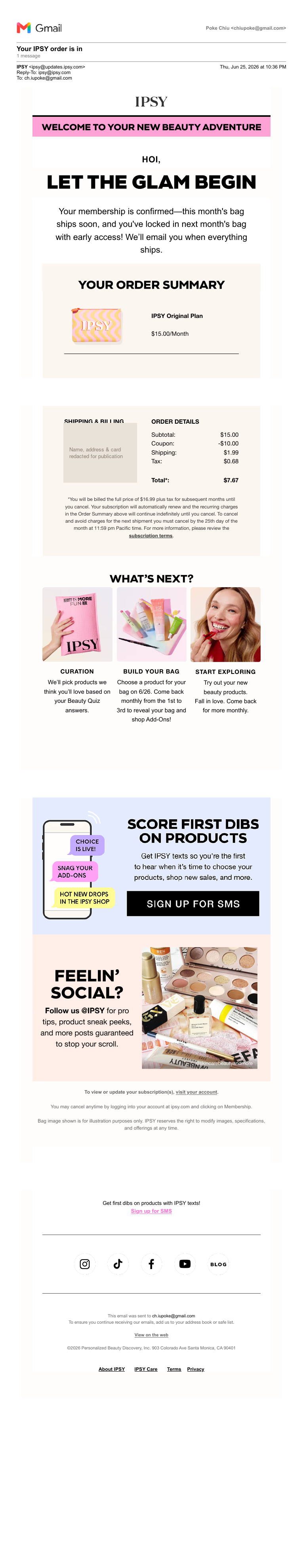 Order confirmation — $15/month headline, $16.99 renewal fine print